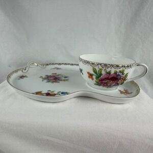Vintage Noritake Porcelain Snack Set Pink Cabbage Rose Morimura